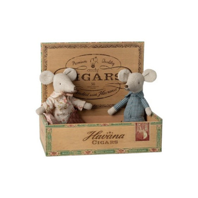 Бабушка и дедушка-мышата в коробке из-под сигар